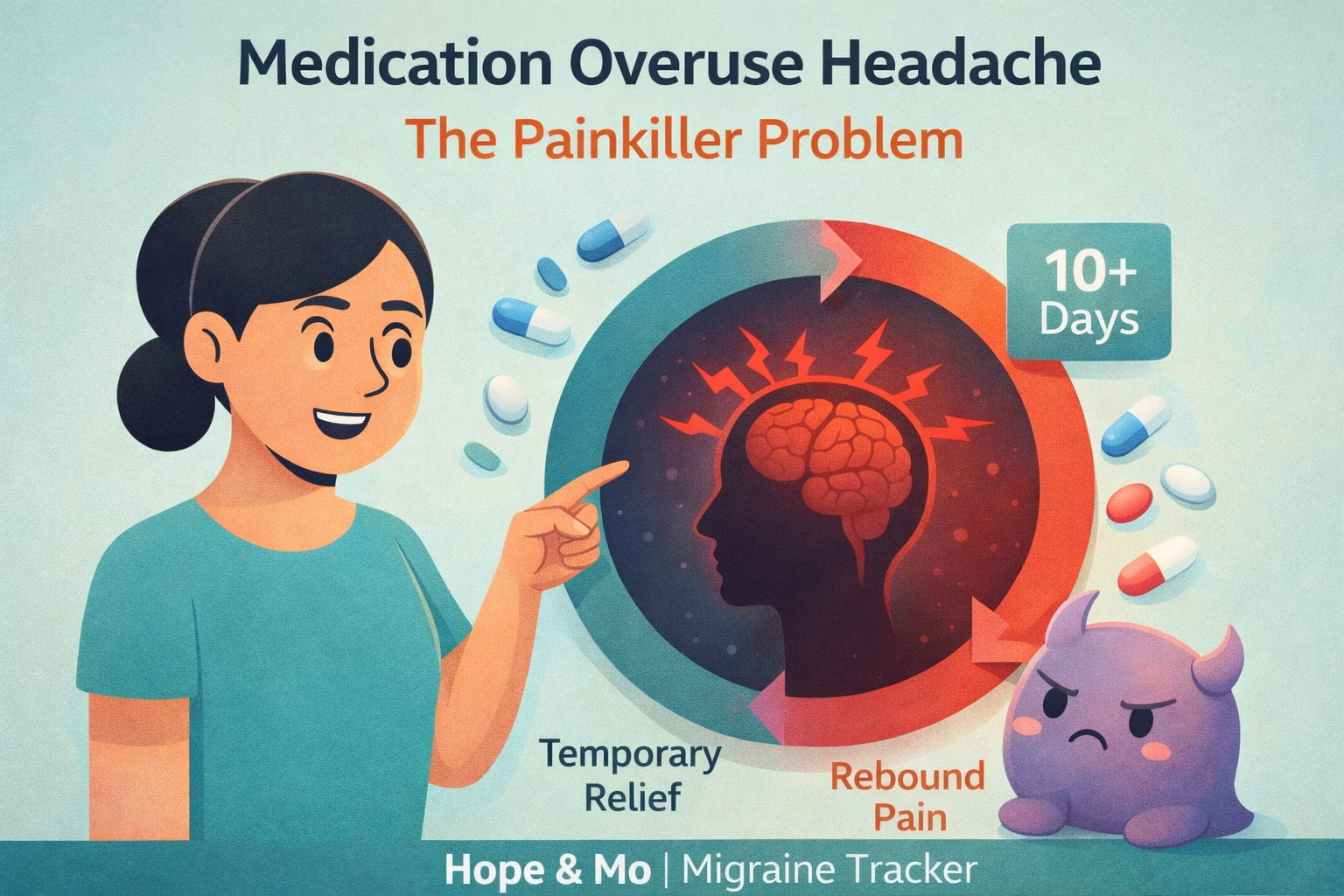 Medication overuse headache cycle – how frequent painkiller use causes rebound migraine explained by Hope & Mo