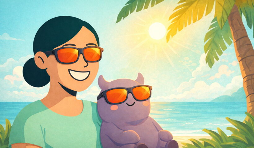 Hope and Mo wearing FL-41 migraine glasses while relaxing under a palm tree in bright sunlight