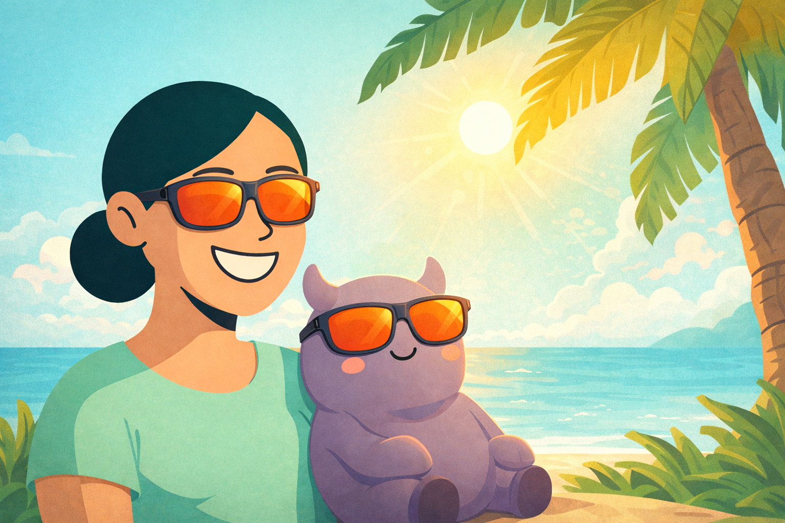 Hope and Mo wearing FL-41 migraine glasses while relaxing under a palm tree in bright sunlight