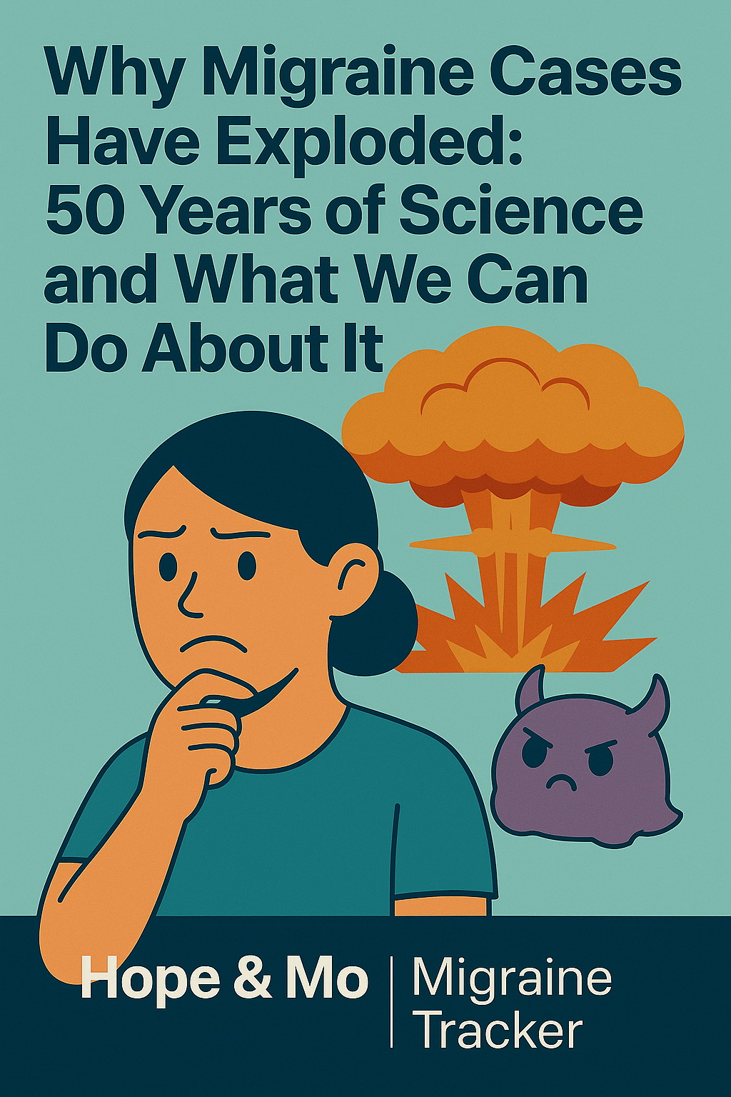 Migraine prevalence growth over 50 years illustrated by Hope and Mo migraine tracker characters