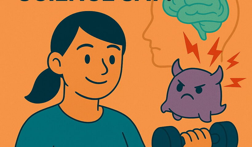 Illustration of Hope and Mo showing the relationship between physical activity and migraine, with Hope exercising calmly while Mo represents migraine sensitivity