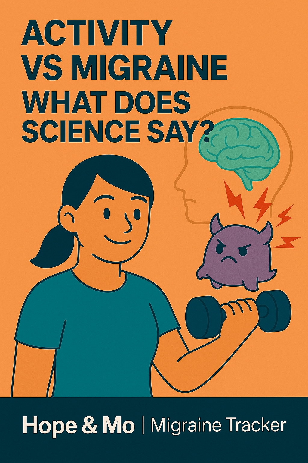 Illustration of Hope and Mo showing the relationship between physical activity and migraine, with Hope exercising calmly while Mo represents migraine sensitivity