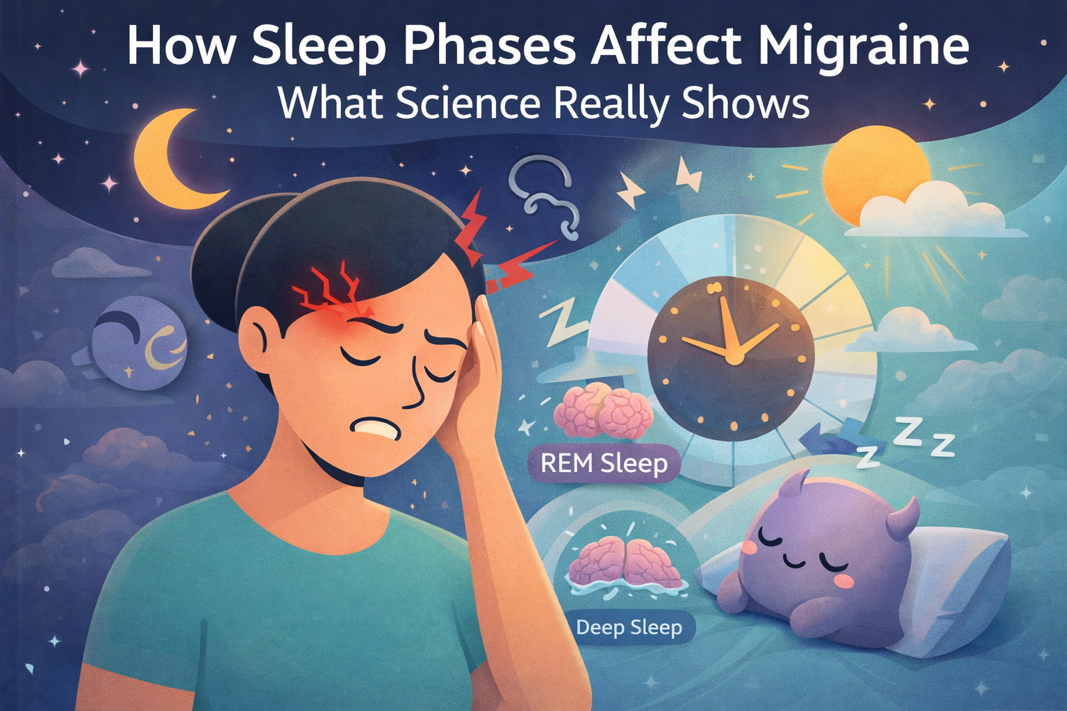 How sleep phases affect migraine – REM sleep, deep sleep, and circadian rhythm explained with Hope & Mo characters