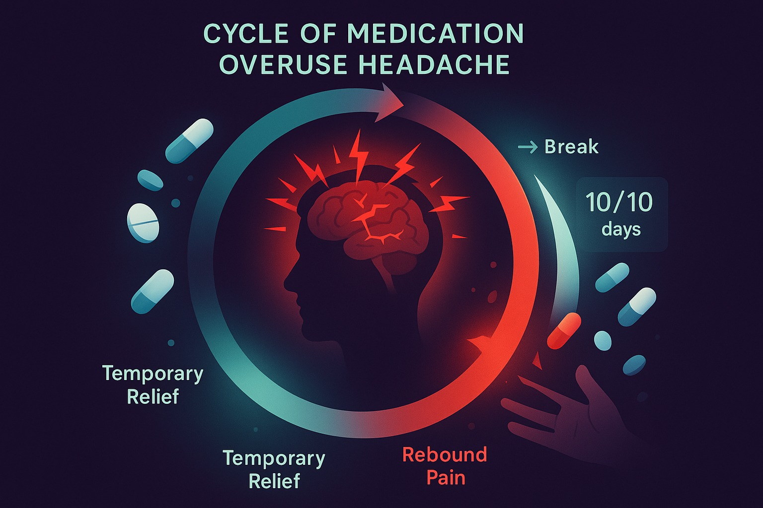 Medication overuse headache cycle showing rebound pain caused by frequent migraine painkiller use