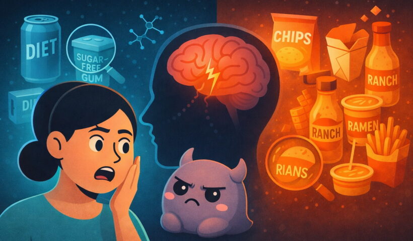 Illustration of Hope and Mo showing hidden migraine triggers in food, including aspartame and MSG affecting the brain