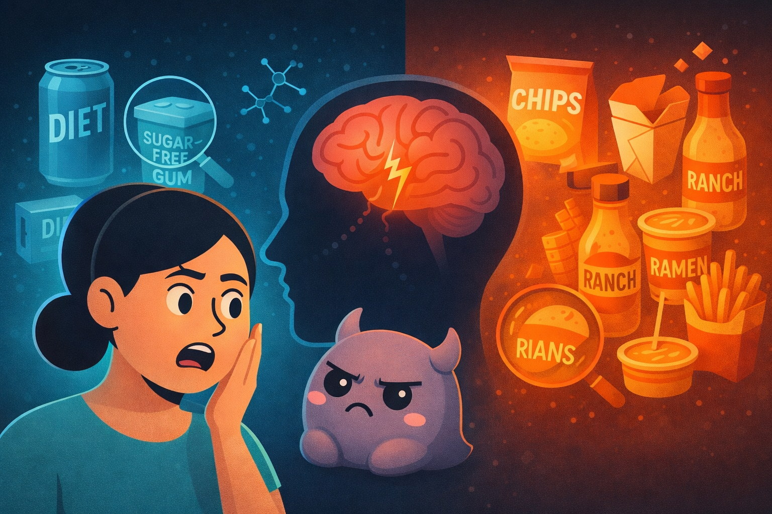 Illustration of Hope and Mo showing hidden migraine triggers in food, including aspartame and MSG affecting the brain