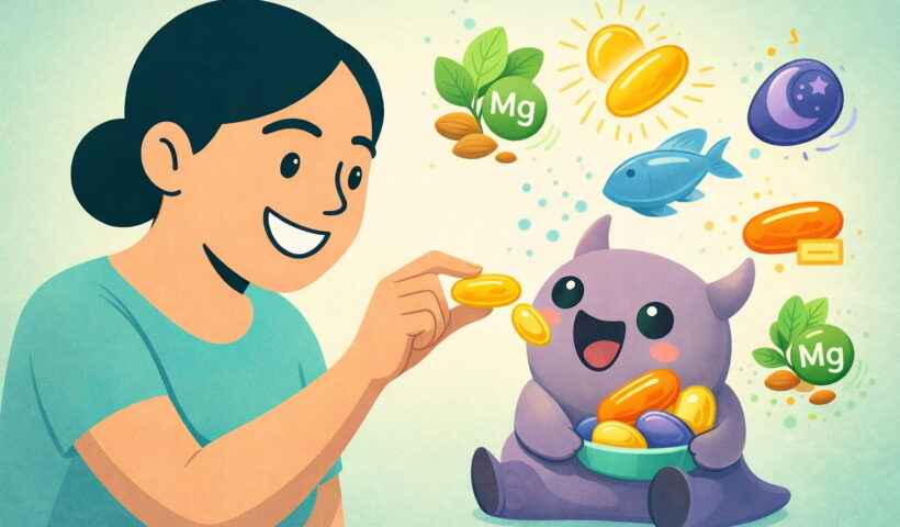 Woman tracking migraine supplements while calming the Migraine Monster Mo using the Hope & Mo app