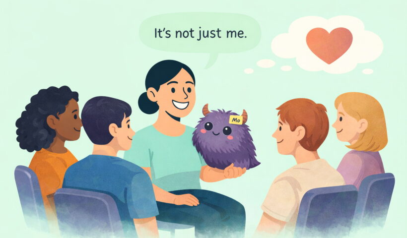 Woman with migraine sharing her story in a supportive group, symbolizing narrative therapy and community support