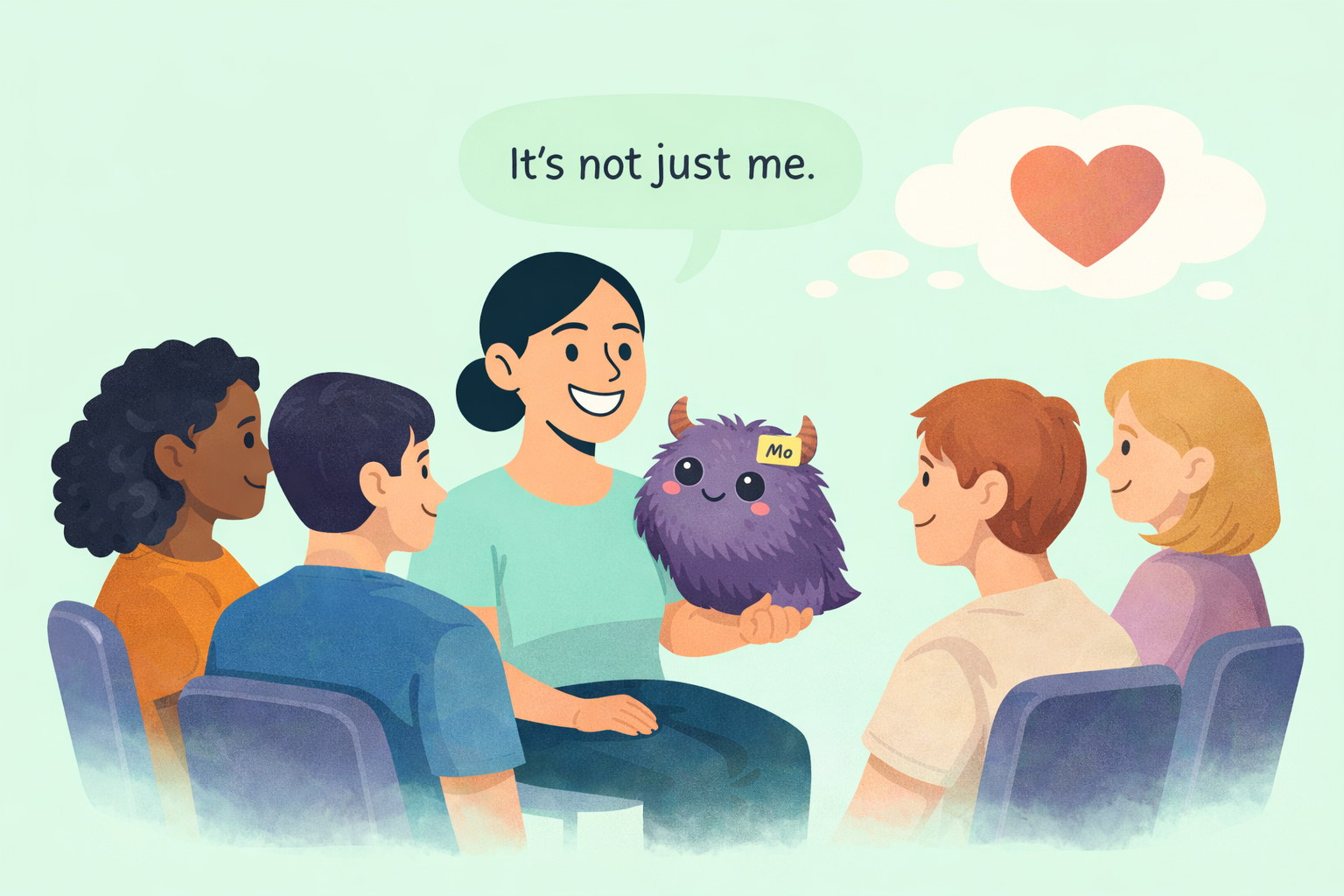 Woman with migraine sharing her story in a supportive group, symbolizing narrative therapy and community support