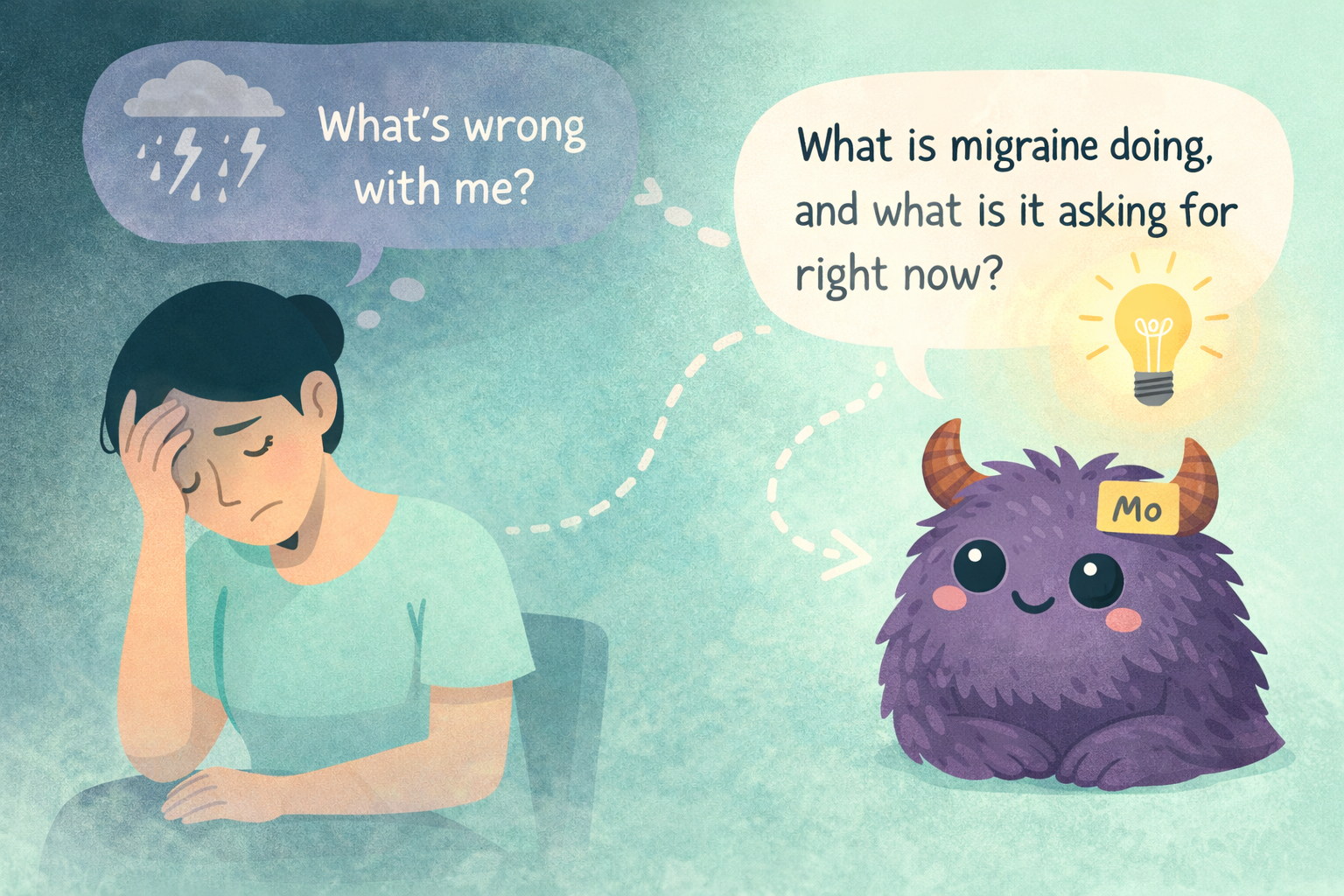 Narrative therapy illustration showing shift from self-blame to curiosity in living with migraine